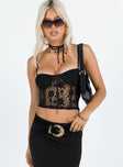 Front view of model wearing  front Princess Polly Sleeveless Square Neck  Ranley Lace Bustier Top Black