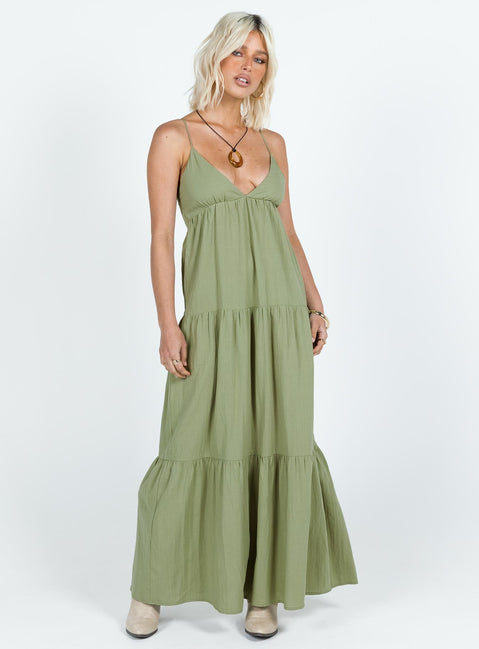 Front view of model wearing  front Princess Polly Square Neck  Chelsea Maxi Dress Sage Green