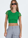 Green slim fitting crop top Sheer mesh material Diagonal stitching Good stretch