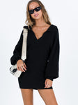 front view of model wearing Princess Polly Quinten Mini Dress Black Lower Impact V-Neck 