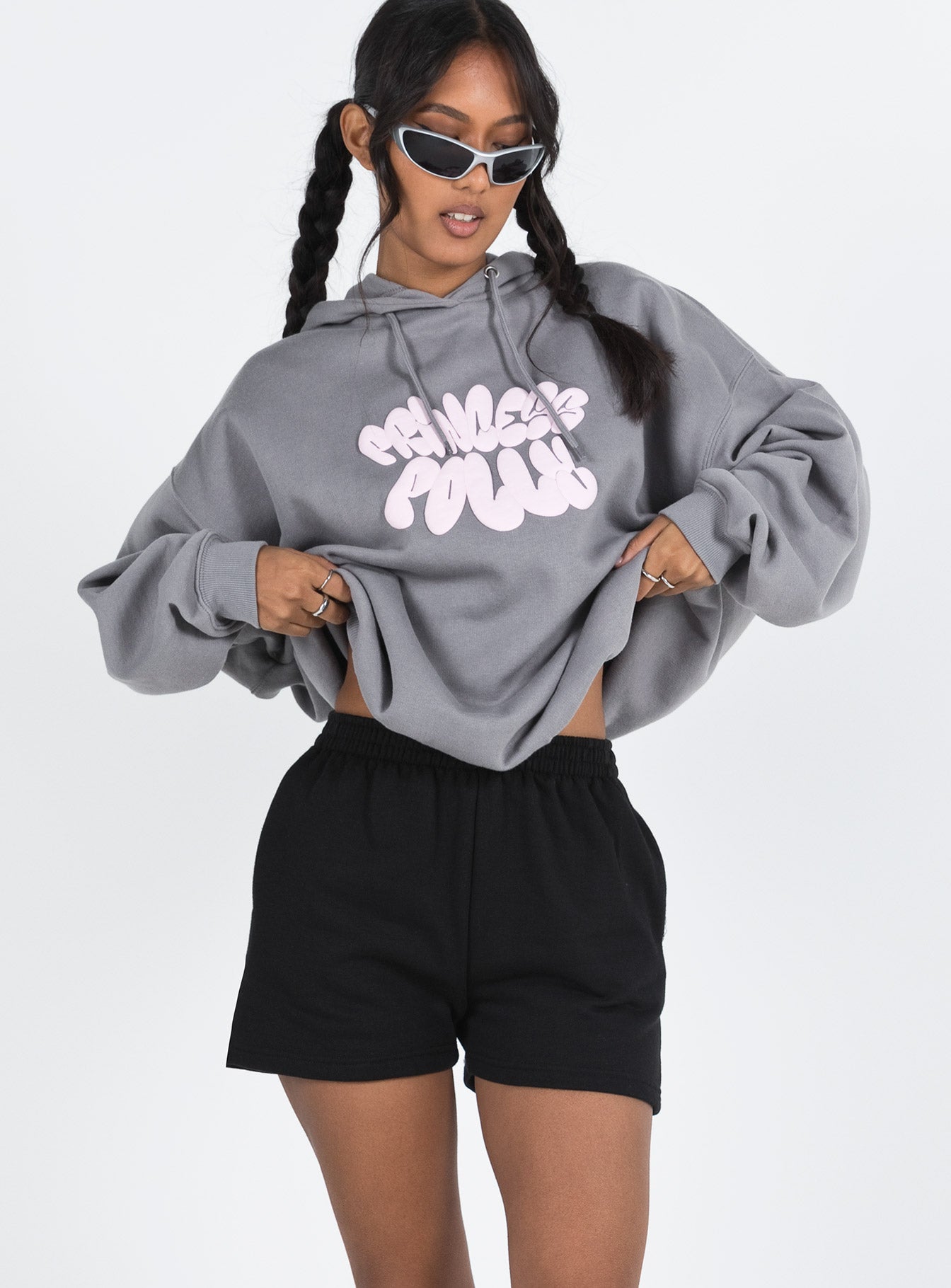 front view of model wearing Princess Polly Cenzo Track Shorts Black High Waisted Shorts 