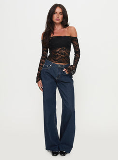 front view of model wearing Princess Polly Good Judgement Off Shoulder Lace Long Sleeve Top Black Full Sleeves straight 