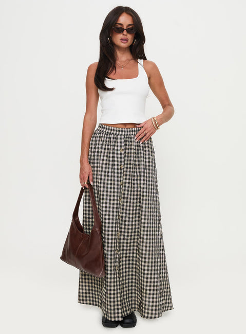  front view of model wearing Princess Polly Cartmel Check Maxi Skirt Black / Cream Maxi 