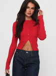 front view of model wearing Princess Polly Suzu Long Sleeve Top Red Full Sleeves High Neck 