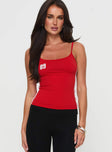 front view of model wearing Princess Polly 89 Trackstar Top Red Sleeveless Scoop Neck 