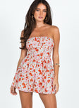 Strapless romper Floral print Inner silicone strip at bust Shirred back band Invisible zip fastening at back