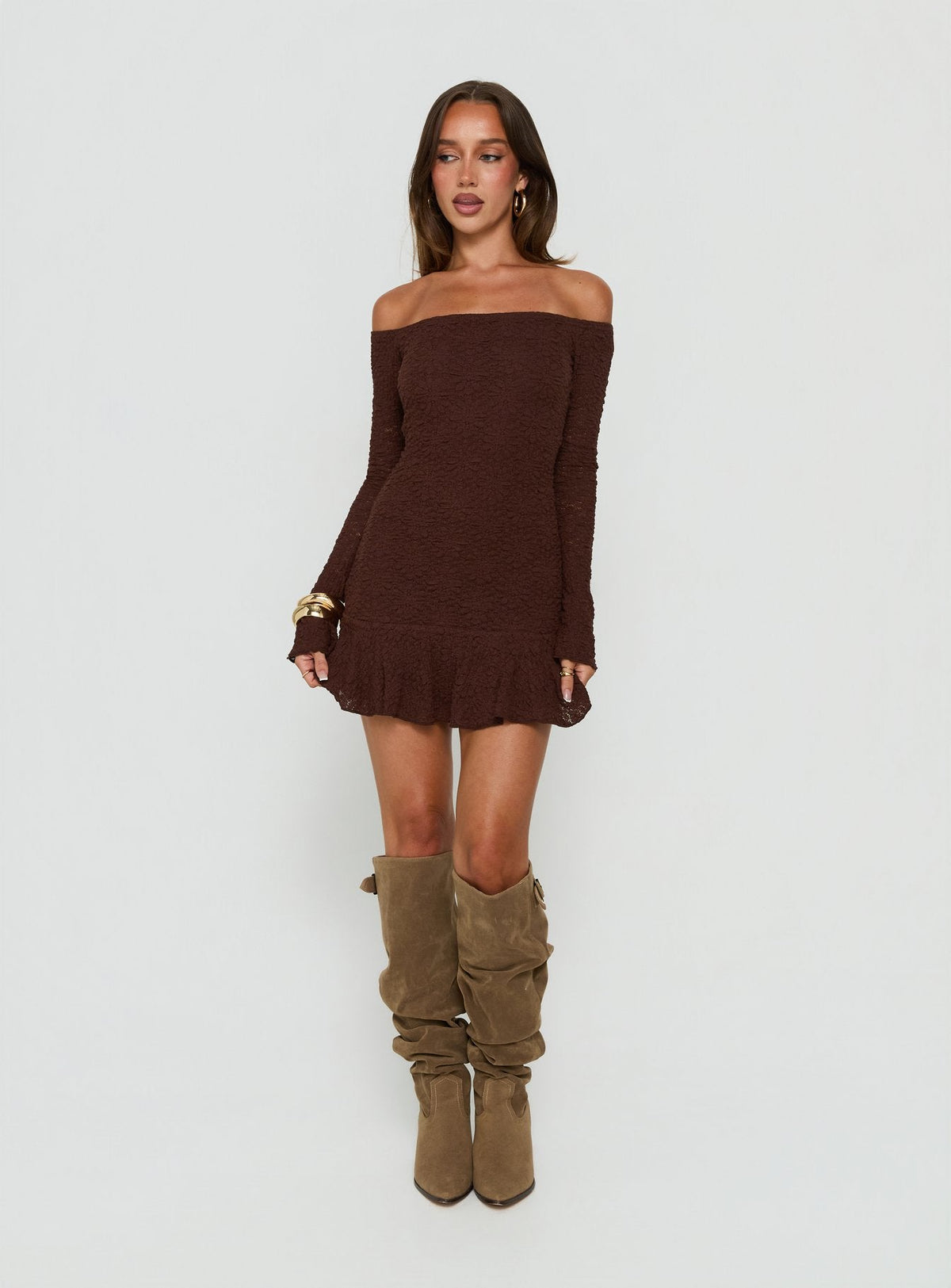 Vancesca schulterfreies Mini-Kleid mit langen Ärmeln, Chocolate