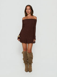Vancesca schulterfreies Mini-Kleid mit langen Ärmeln, Chocolate