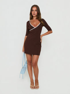 Adalea Wrap 3/4 Sleeve Mini Dress Brown / Blue