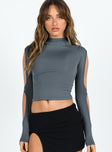 front view of model wearing Princess Polly Boni Long Sleeve Top Slate Full Sleeves High Neck 