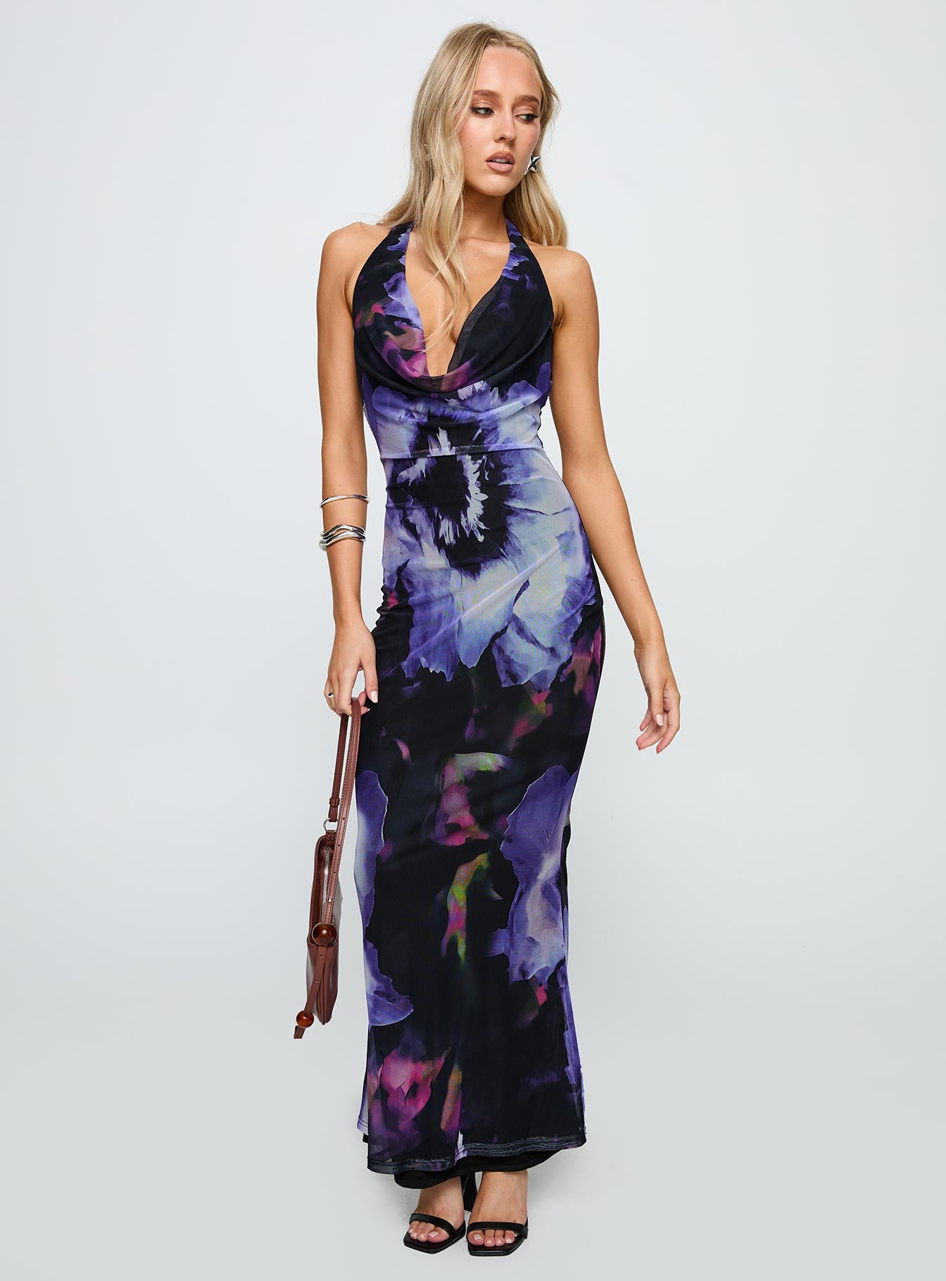 front view of model wearing Princess Polly Bittersuite Cowl Maxi Dress Black Cowl Neck 