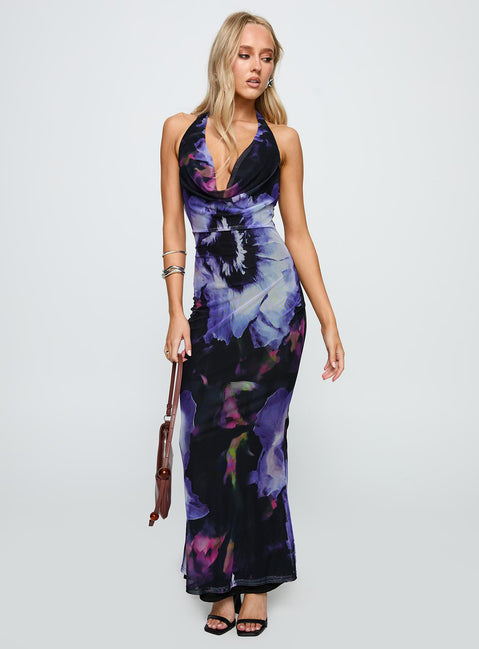 front view of model wearing Princess Polly Bittersuite Cowl Maxi Dress Black Cowl Neck 