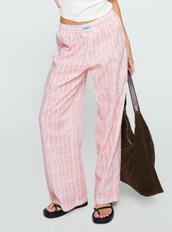 back view of model wearing Princess Polly Beach House Pants Pink Stripe High Waisted Pants 
