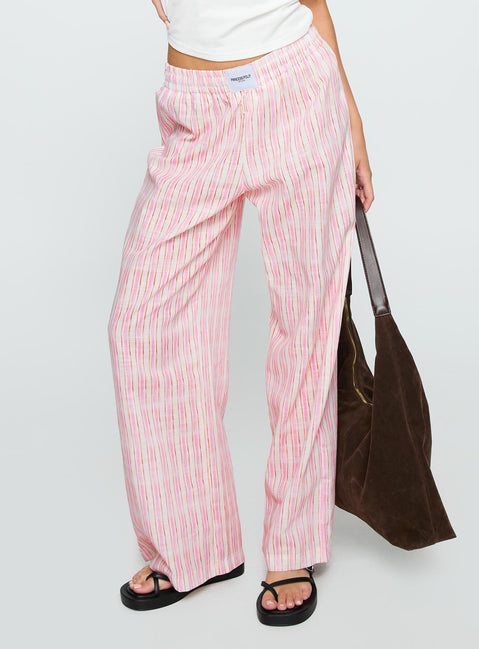 back view of model wearing Princess Polly Beach House Pants Pink Stripe High Waisted Pants 