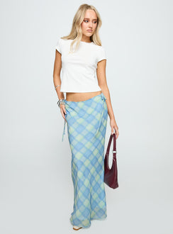   side view of model wearing Princess Polly Seafarer Tie Side Maxi Skirt Blue Check Maxi 