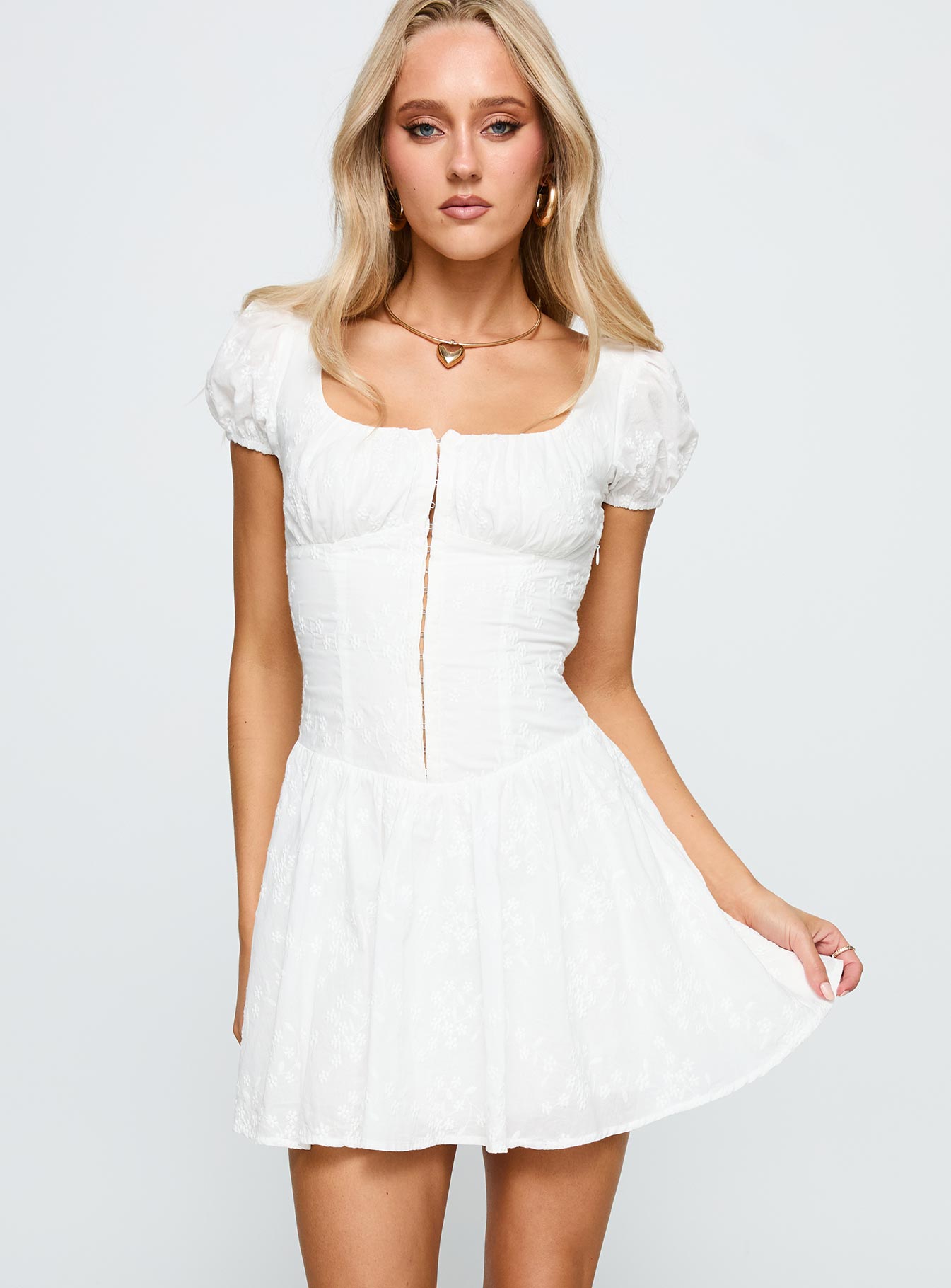 front view of model wearing Princess Polly Lethia Corset Mini Dress White Square Neck 