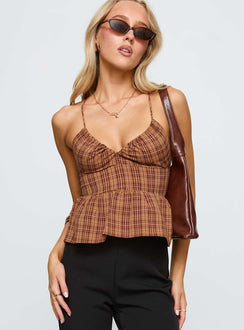 front view of model wearing Princess Polly Croatia Frill Top Brown Check Sleeveless V-Neck 