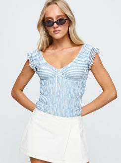 front view of model wearing Princess Polly Ahead Of Myself Off Shoulder Bodysuit Blue Stripe Short Sleeves 