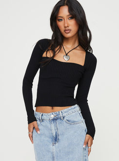 Front view of model wearing  front Princess Polly Full Sleeves Square Neck  Mavins Long Sleeve Top Black