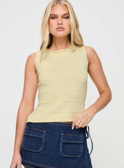 front view of model wearing Princess Polly Hisplane Knit Top Cream Sleeveless Crew Neck 