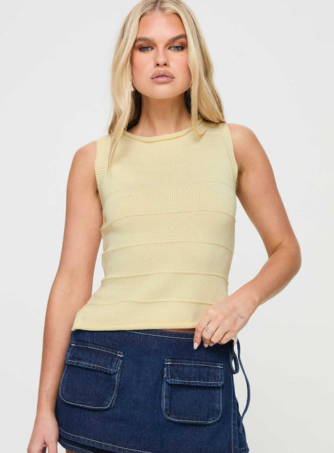 front view of model wearing Princess Polly Hisplane Knit Top Cream Sleeveless Crew Neck 