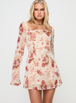 front view of model wearing Princess Polly Valentin Long Sleeve Mini Dress Floral Square Neck 