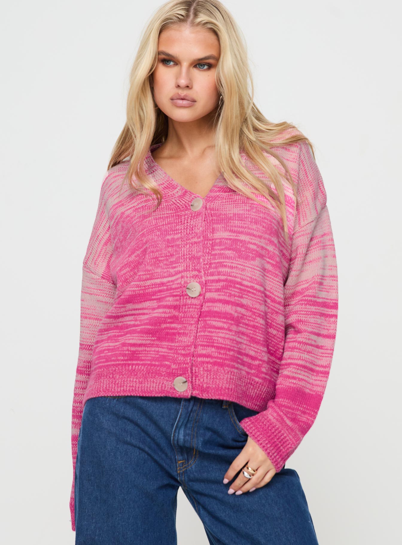 front view of model wearing Princess Polly Emikio Cardigan Ombre Pink regular 