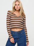 Brown and white Long sleeve top Knit material, striped print, scooped neckline