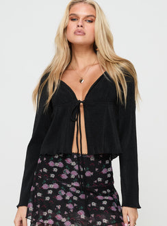 front view of model wearing Princess Polly Chantria Long Sleeve Halter Top Black Full Sleeves Plunger 