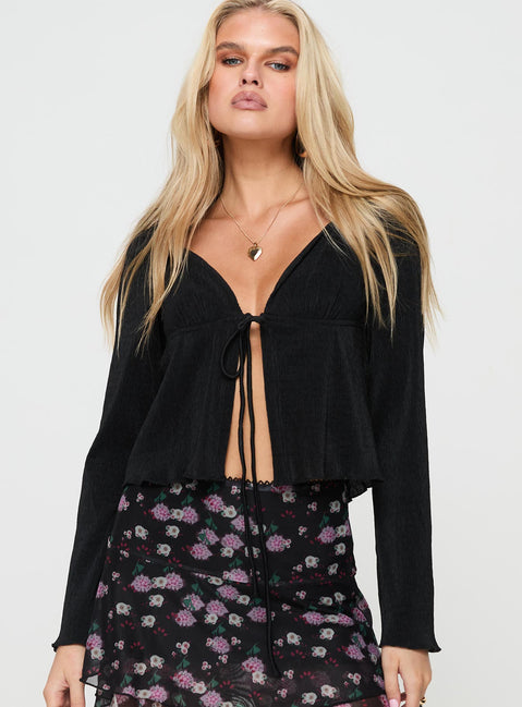 front view of model wearing Princess Polly Chantria Long Sleeve Halter Top Black Full Sleeves Plunger 