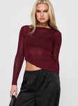 front view of model wearing Princess Polly Pratt Long Sleeve Top Burgundy Full Sleeves High Neck 