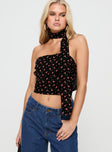 Black floral Floral crop top Strapless, bustier fit, scarf neck tie detail