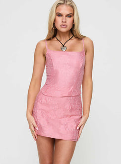 Pink Two piece set Crop top, elasticated shoulder strap, square neckline, zip fastening at back High rise mini skirt, invisible zip fastening at side