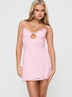 front view of model wearing Princess Polly Danforth Mini Dress Pink Sweetheart Neckline 