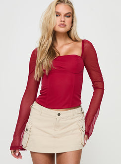 front view of model wearing Princess Polly Mendi Long Sleeve Top Red Full Sleeves Square Neck 
