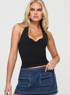 front view of model wearing Princess Polly Evangelene Halter Top Black Sleeveless Scoop Neck 