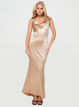 front view of model wearing Princess Polly Dubois Maxi Dress Champagne Cowl Neck 