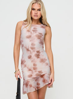 front view of model wearing Princess Polly Molita Ruffle Hem Mini Dress Cream Crew Neck 