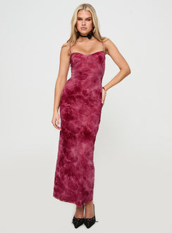 front view of model wearing Princess Polly Orla Paisley Maxi Dress Burgundy Sweetheart Neckline 