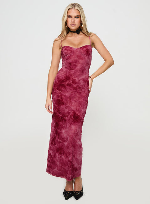 front view of model wearing Princess Polly Orla Paisley Maxi Dress Burgundy Sweetheart Neckline 
