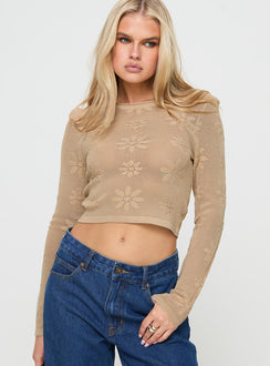 front view of model wearing Princess Polly Flolie Long Sleeve Top Beige Full Sleeves Crew Neck 