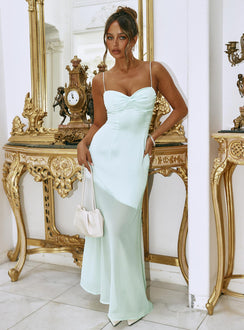 front view of model wearing Princess Polly Aurellia Splice Maxi Dress Ice Blue Sweetheart Neckline 