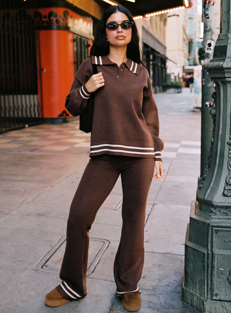 front view of model wearing Princess Polly Square One Collared Jumper Brown / Cream Long 