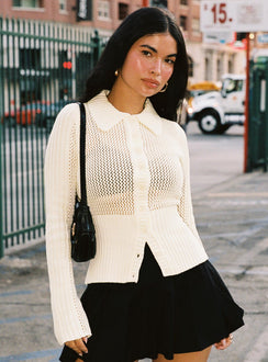 back view of model wearing Princess Polly Ethanne Knit Cardigan Cream cropped 