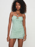 front view of model wearing Princess Polly Alari Mini Dress Sage Sweetheart Neckline 