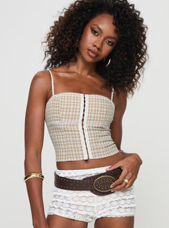 front view of model wearing Princess Polly Amaryllis Top Beige Sleeveless Square Neck 