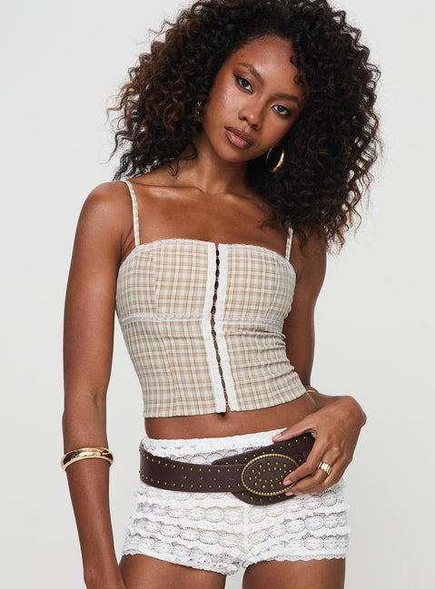 front view of model wearing Princess Polly Amaryllis Top Beige Sleeveless Square Neck 