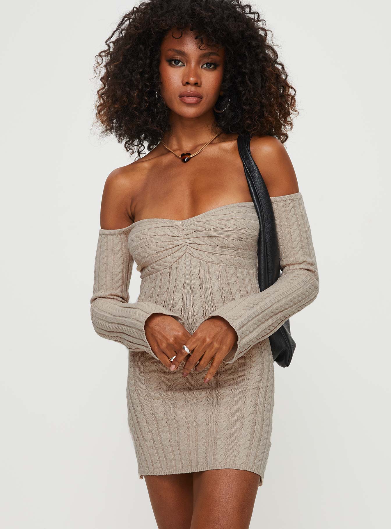 front view of model wearing Princess Polly Bayard Off The Shoulder Knit Mini Dress Beige Straight Neck 