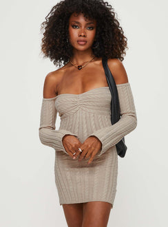 front view of model wearing Princess Polly Bayard Off The Shoulder Knit Mini Dress Beige Straight Neck 