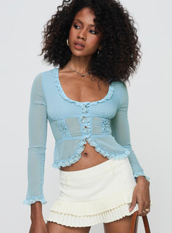 front view of model wearing Princess Polly Guillet Long Sleeve Top Blue Full Sleeves Scoop Neck 